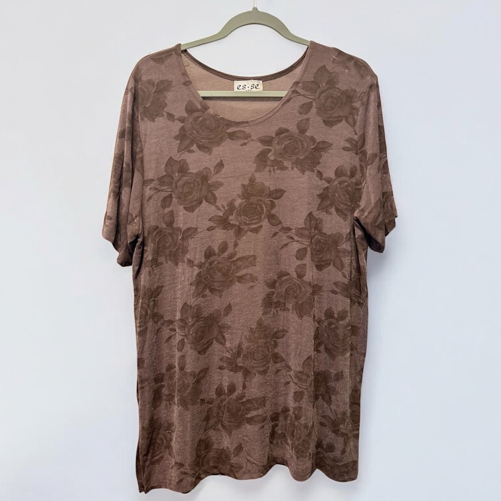 Vintage Women’s Silky Oversized Tee Rose Print Blouse Y2K Tshirt